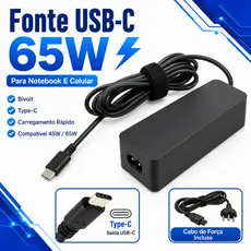 Carregador Fonte USB-C 65W Type-C Bivolt Para Notebook Lenovo Dell HP E Celular