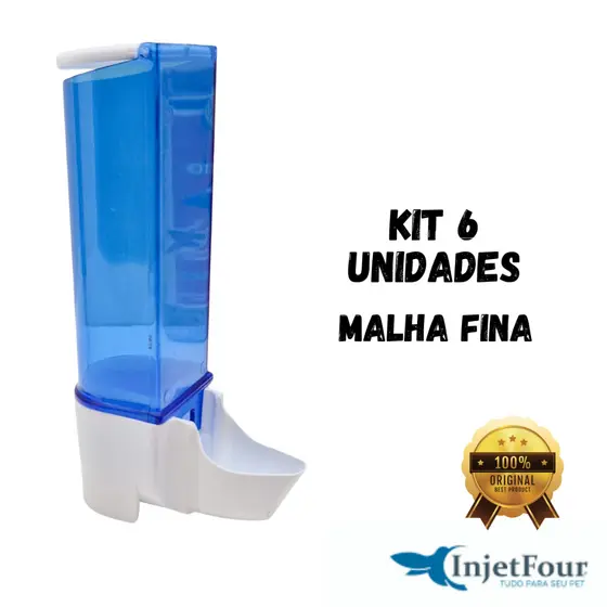 Kit 6 Comedouro Malha Fina Automático Sertão Azul/Transparente Pássaros Porta Ração Semententeira
