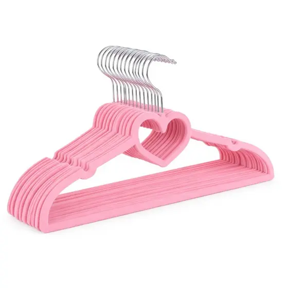 Kit 50 Cabide Infantil Veludo Slim Antideslizante Ultra Fino - Rosa Coração