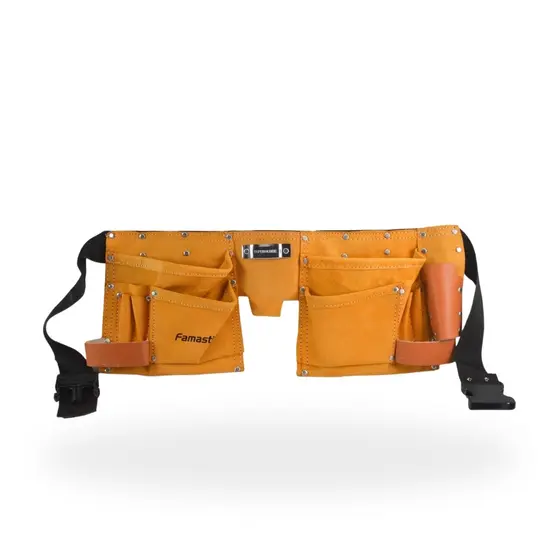 Cinturão Ferramentas Famastil Duplo 10 Bolsos Couro Ajustável Profissional com Fivela Aço Resistente Prático