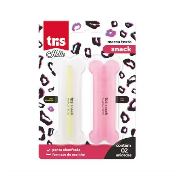 Marca Texto Tris Holic Snack Ossinho - Marca Texto Escolar - Kit 2 Cores Rosa e Amarelo