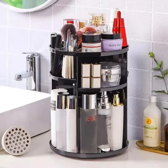 Organizador Giratório porta Maquiagem, Cosméticos e acessórios Preto 360 graus