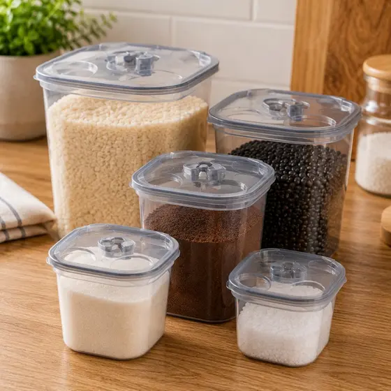 Kit 5 Peças Mantimento Jogo Plástico Porta Mantimento Organizador de cozinha Adesivo Tampa Reforçado