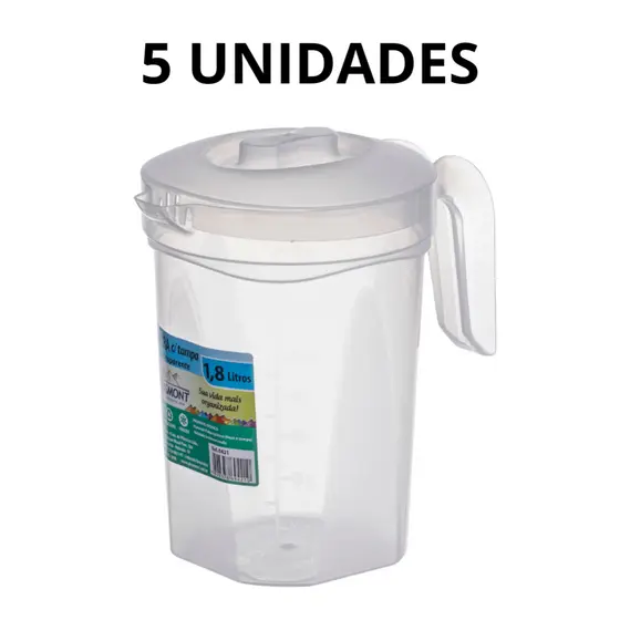 Kit 5 Jarras Plástica 1,8 Litros Transparente Com Tampa Alça Suco Água