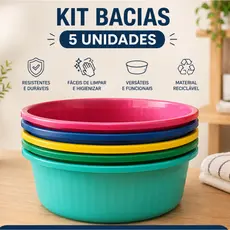 Kit 5 Peças Bacia Canelada 2,7L De Plástico Redonda Colorida Grande Plástico Promoção Resistente