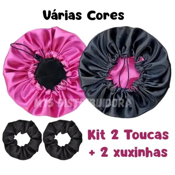 Kit 2 Touca de Cetim Dupla Face com Regulador + 2 Xuxinhas de Cabelo