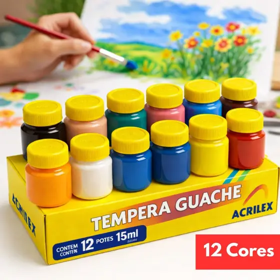 Tinta Guache Tempera 12 Cores e 6 Cores Com 15ml Acrilex Artesanato Escola Arte Pintura Não Tóxico