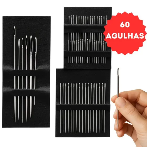 Kit 60 Agulhas Costura com Passador Manual Artesanal Bordar Remendar Com Tamanhos Diferentes
