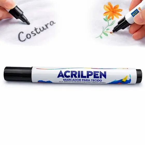 Caneta para Tecido Acrilpen Acrilex Preto Artesanato Marcador Arte Pano