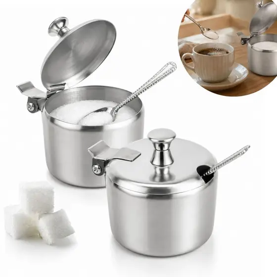 Açucareiro 1 / 2 Unidades Inox com Tampa e Colher Hotel Recepção Restaurante Casa Cozinha