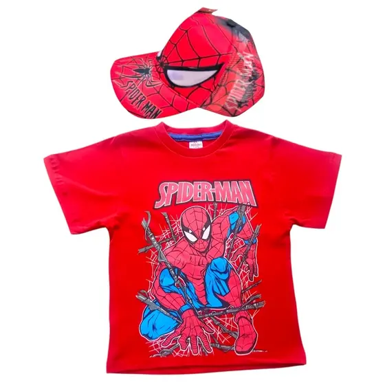 Kit Camiseta Manga Curta Homem Aranha 100% Algodão + Boné Com Ajuste Homem Aranha