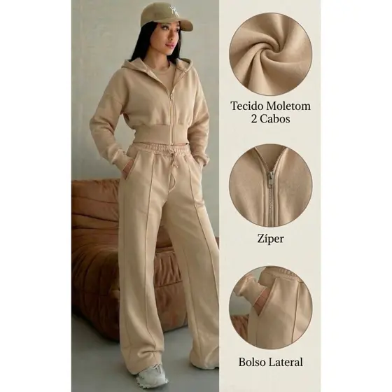 Conjunto Moletom Feminino Calça E Blusa Cropped Longo Com Zíper Frontal E Capuz Moda Inverno P-M-G