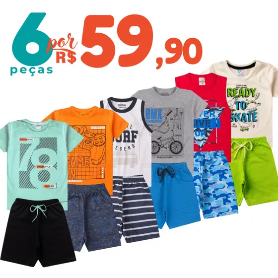 Kit 6 Peças Roupa Infantil Menino Conjunto Verão Algodão Camiseta e Bermuda 1 a 12 Anos
