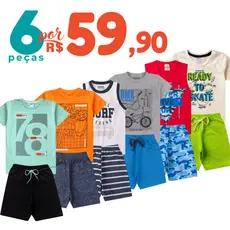 Kit 6 Peças Roupa Infantil Menino Conjunto Verão Algodão Camiseta e Bermuda 1 a 12 Anos