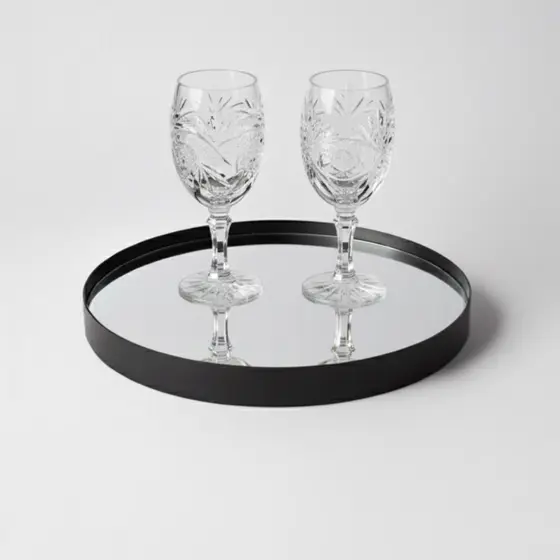 Bandeja Redonda 30cm com Borda de Couro Ecológico Espelhada Decoração Moderna