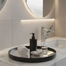 Bandeja Espelhada Redonda 30cm Couro Ecológico Preto Decoração Moderna