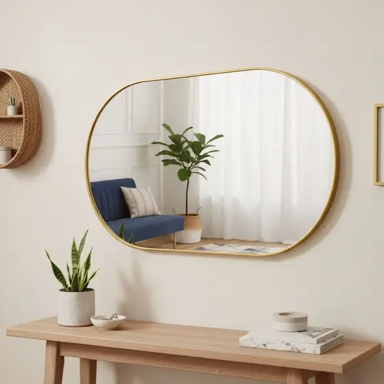 Espelho Decorativo Oval 80x50 Com Borda Em Couro + Suporte