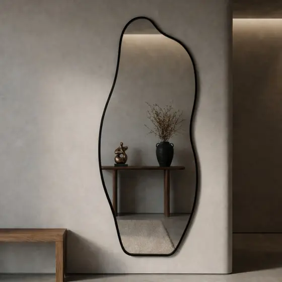 Espelho Orgânico 120x50cm Modelo Flame com Moldura de Couro Moderno Grande Luxo