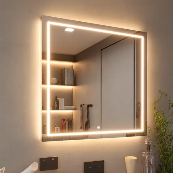 Espelho Quadrado LED Jateado Touch 3 Cores 50x50cm para Banheiro Maquiagem e Penteadeira