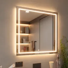 Espelho Quadrado LED Jateado Touch 3 Cores 50x50cm para Banheiro Maquiagem e Penteadeira