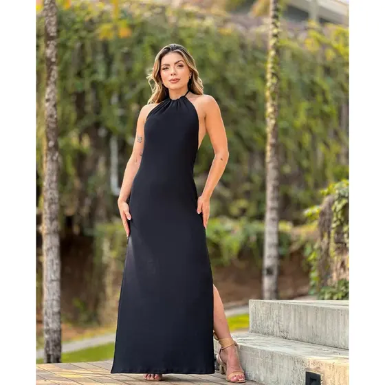 Vestido Longo com Decote Halter e Fenda – Ideal para Noite, festas, Casamentos e Eventos!! Merlin