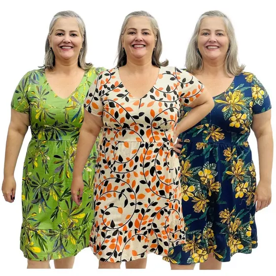 Kit 3 Vestidos Estampados Plus Size Manga Curta Midi Gola V Frente Dupla
