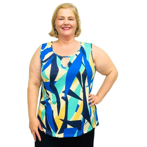 Blusa Feminina Bata Regata Plus Size Estampada Detalhe Gola V Moda Elegante