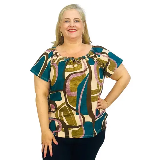 Blusa Feminina Plus Size Ciganinha Manga Curta Estampada