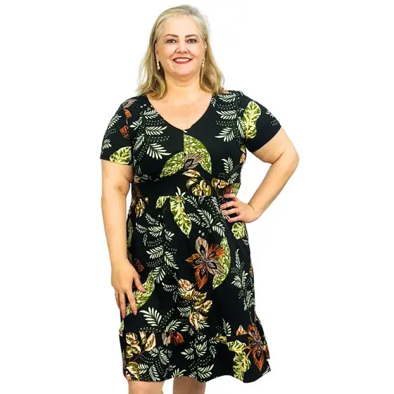 Vestido Feminino Plus Size Midi Gola V Manga Curta Estampado