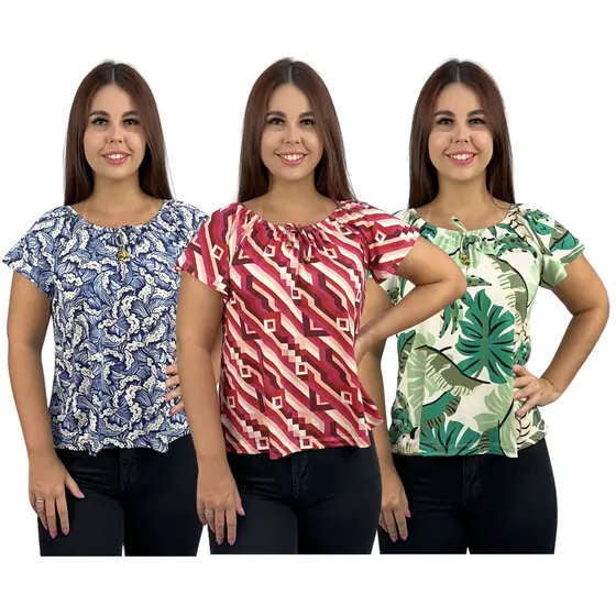 Kit 3 Blusas Moda Ciganinha Estampadas Manga Curta
