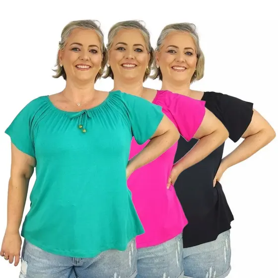 Kit 3 Blusas Plus Size Ciganinha Manga Curta Feminina Lisa