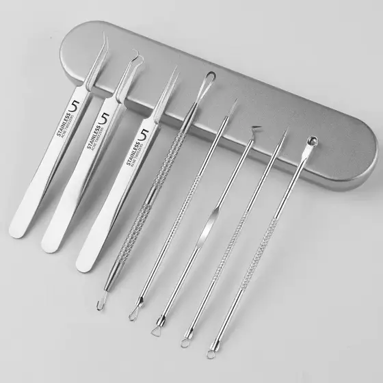 Kit Ferramentas Faciais 8 Peças Aço Inox com Estojo