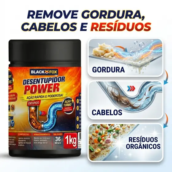 Desentupidor 1Kg Black Fox Desentop Alta Potência Para Desentupir Pias Ralos e Tubulações Potente
