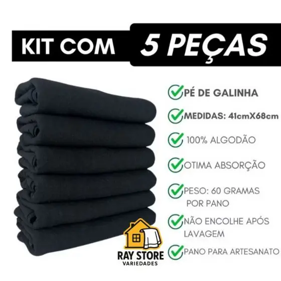 KIT 5 PANOS De Prato PRETO ou VERMELHO Pé De Galinha  - 100% Algodão