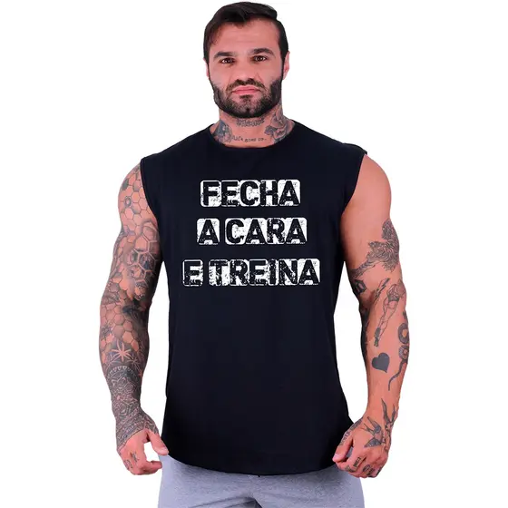 Regata Machão Longline Masculina MXD Conceito Academia Musculação Fecha a Cara e Treina Estampas
