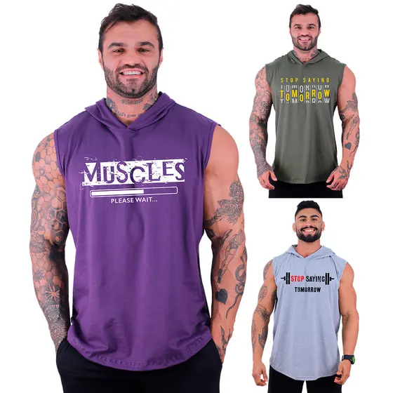 Kit 3 Regatas Com Touca Machão Longline MXD Conceito Estampada Fitness Musculação Lazer