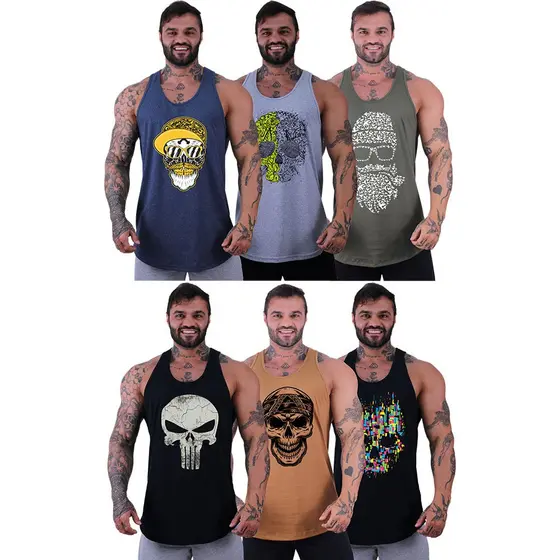 Kit 6 Regatas Longline Masculina Mxd Conceito Caveiras Diversas
