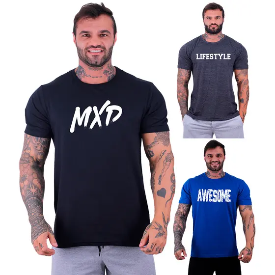 Kit 3 Unidades Camiseta Masculina Tradicional MXD Conceito Com Estampas Academia Treino Fitness