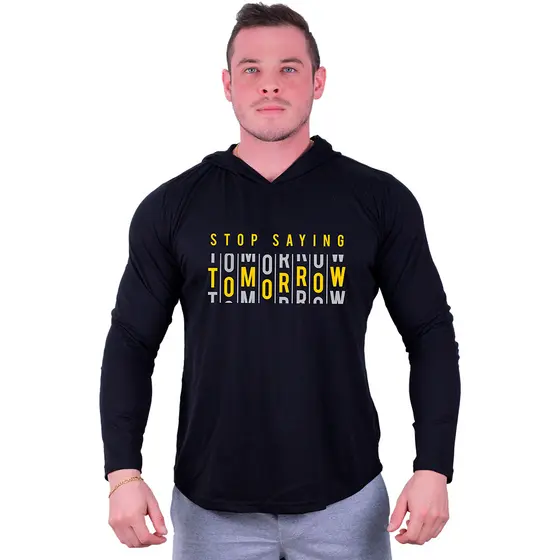 Camiseta Manga Longa Longline Com Touca MXD Conceito Letreiros Caveiras Treino Musculação Lazer