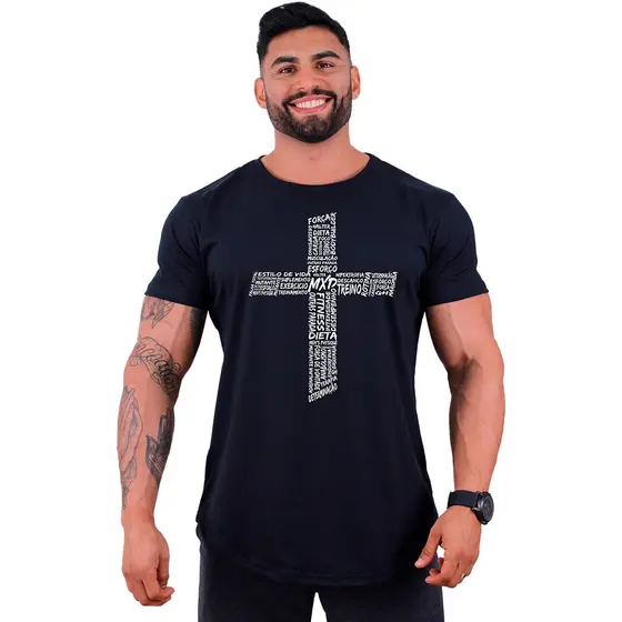 Camiseta Longline Masculina Algodão MXD Conceito Academia Treino Casual Cruz Motivacional Estampas