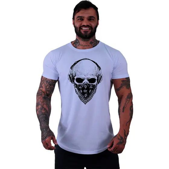Camiseta Longline Masculina Algodão MXD Conceito Musculação Treino Casual Caveira de Fone e Máscara