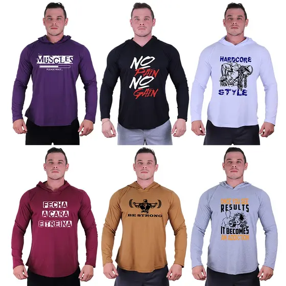 Kit 6 Camisetas Manga Longa Longline Com Touca MXD Conceito Treino Musculação Caveiras Letreiros