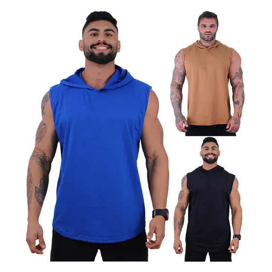 Kit 3 Regatas Com Capuz Machão Longline MXD Conceito Academia Treino Musculação Cor Lisa Preta Verde