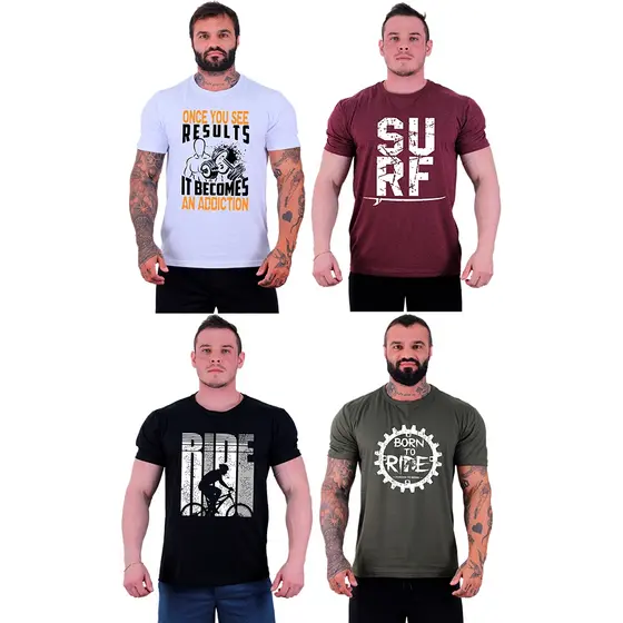Kit 4 Unidades Camiseta Masculina Tradicional MXD Conceito Estampas Variadas Lazer Treino