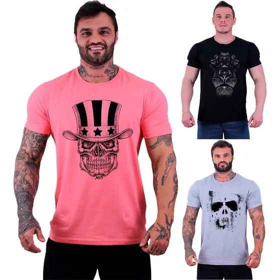Kit 3 Unidades Camiseta Masculina Tradicional MXD Conceito Com Estampas Academia Treino