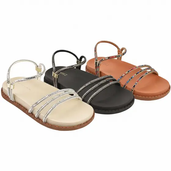 Papete Feminina Flat Form Strass Brilho Luxo Tiras Pedraria Colorida Blogueira