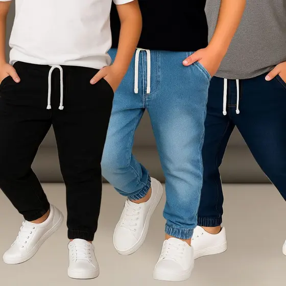 Kit 3 Calças Jogger Infantil Jeans Juvenil com Lycra 2 ao 16 Menino