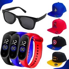 Conjunto Infantil Óculos Chapéu Boné Relógio Super Heróis H. Aranha Batman Sonic C. América