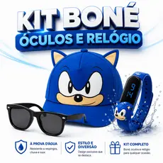 Boné Sonic Infantil com 1 / 2 ou 3 peças Relógio e Óculos Verão Praia Passeio Presente Criança 3 Peças
