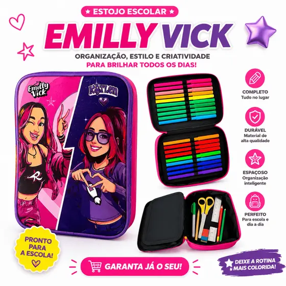 Estojo Emilly Vick Katlen Escolar Infantil Box Grande Os Rosa 24 Elásticos Organizor Lapis Caneta